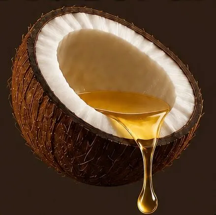 A halved coconut with oil.