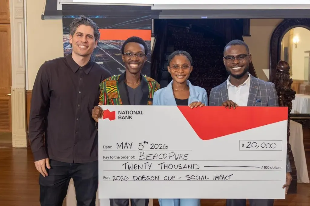 A National Bank cheque for 20,000 dollars, dated 5 May 2026, payable to BeaCoPure for the 2026 Dobson Cup Social Impact track.