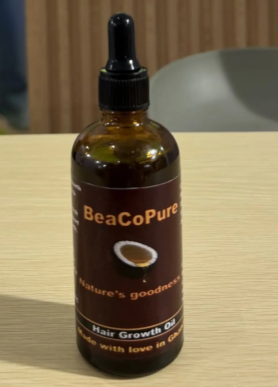 BeaCoPure Hair Growth Oil in an amber dropper bottle.