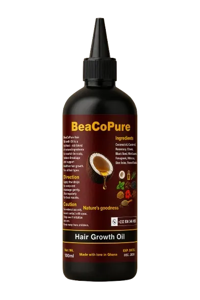 BeaCoPure Hair Growth Oil bottle, label facing forward.